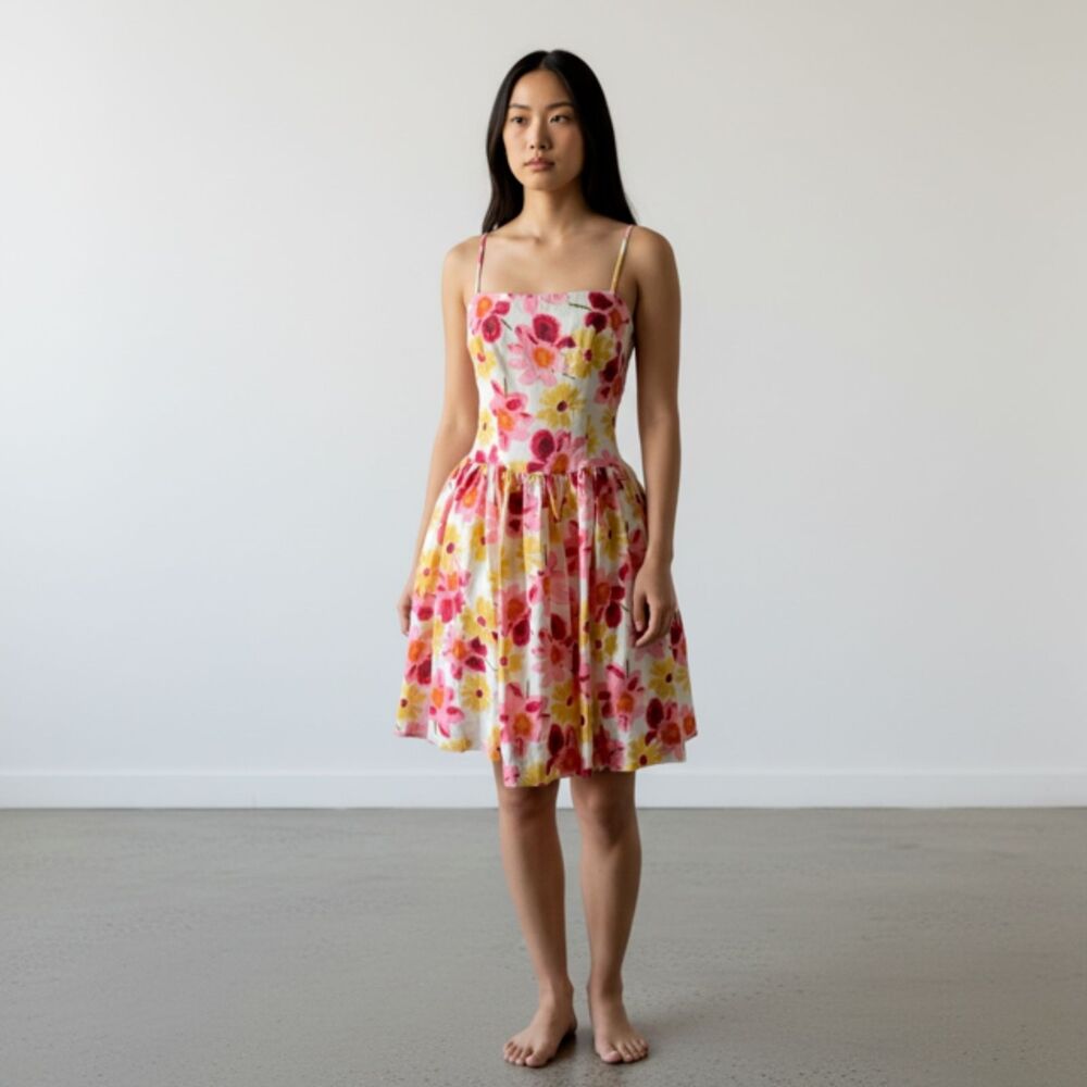 NOS Vintage Tracy & Michael Floral Drop Waist Linen Sleeveless Dress- Size 8